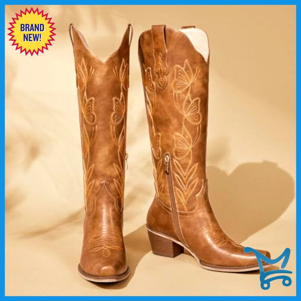 Knee High Cowboy Boots with Butterfly Embroidery Chunky Heel Western Style - Picture 6 of 7